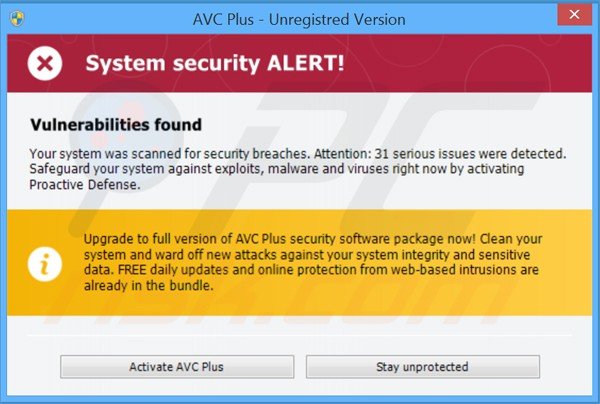 AVC Plus mentre mostra un messaggio di sicurezza