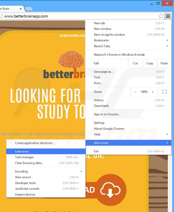 Rimuovere BetterBrain ads da Google Chrome step 1