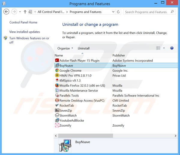 buynsave adware rimozione dal pannello di controllo.
