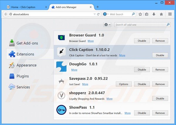 Rimuovere Click Caption ads da Mozilla Firefox step 2