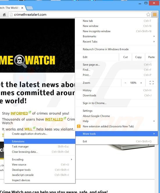 Rimuovere Crime Watch da Google Chrome step 1