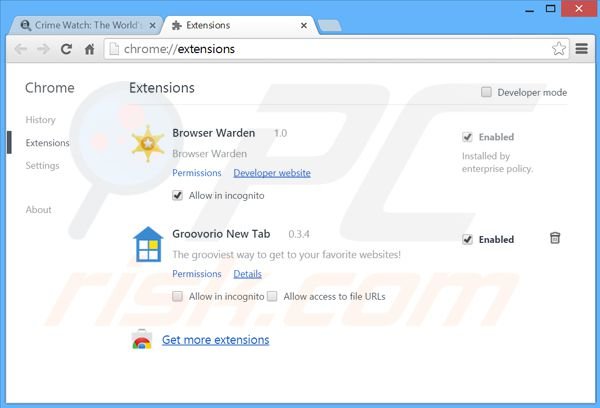 Rimuovere Crime Watch da Google Chrome step 2