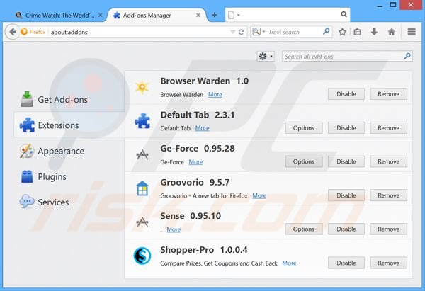 Rimuovere Crime Watch da Mozilla Firefox step 2