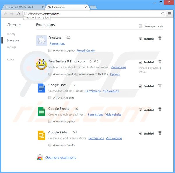 Rimuovere Current Weather Alert da Google Chrome step 2