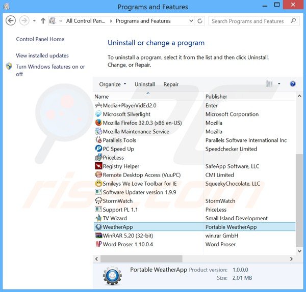Rimuovere WeatherApp attraverso il pannello di controllo