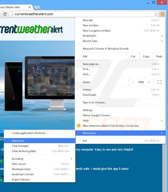 Rimuovere Current Weather Alert da Google Chrome step 1