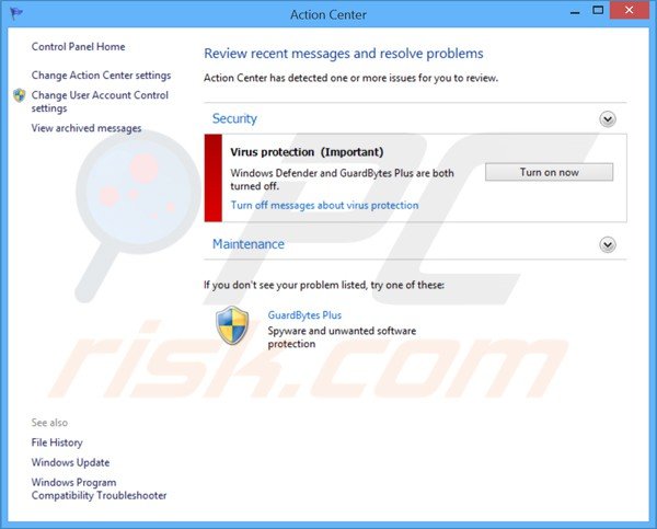 GuardBytes Plus mostra un falso Windows Action Center