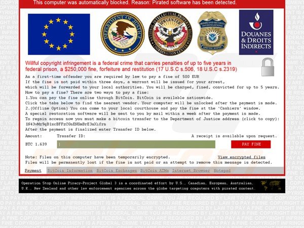 ransomware 'Pirated software has been detected' che prende di mira gli utenti dell'Unone Europea