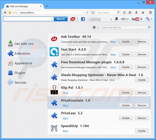 Rimuovere PriceFountain da Mozilla Firefox step 2