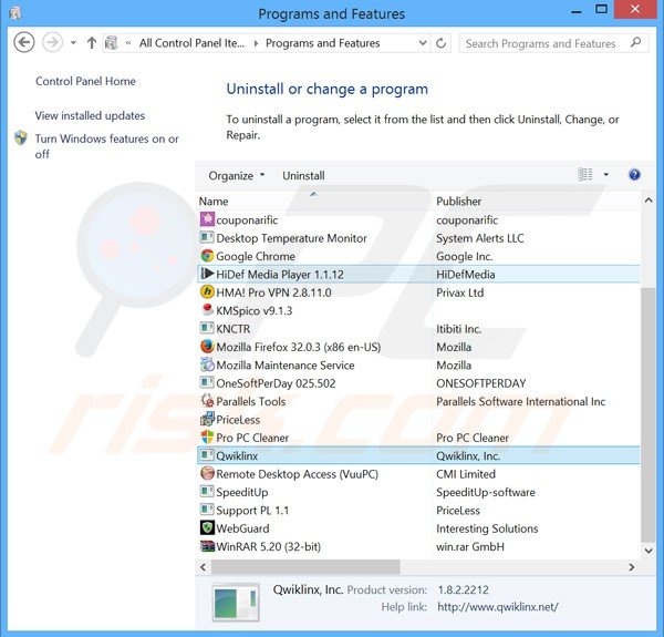 qwiklinx adware rimozione dal pannello di controllo.