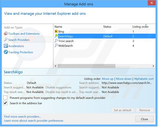 Rimuovere Searchalgo.com dal motore di ricerca di Internet Explorer 