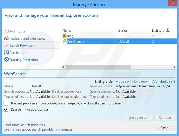 Rimuovere websearch.searchmania.info dal motore di ricerca di Internet Explorer