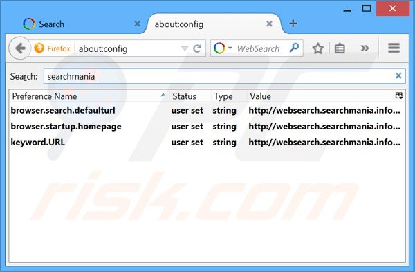 Rimuovere websearch.searchmania.info dal motore di ricerca di Mozilla Firefox 