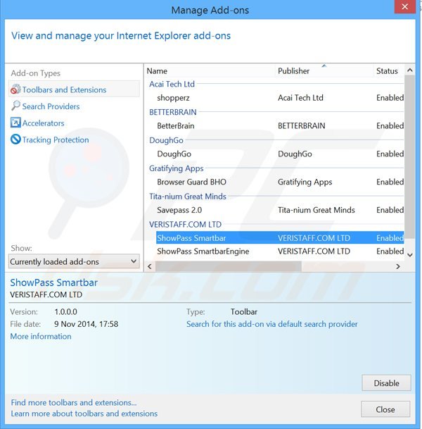 Rimuovere ShowPass Smartbar da Internet Explorer