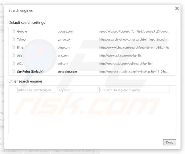 Rimuovere search.strtpoint.com dal motore di ricerca di Google Chrome