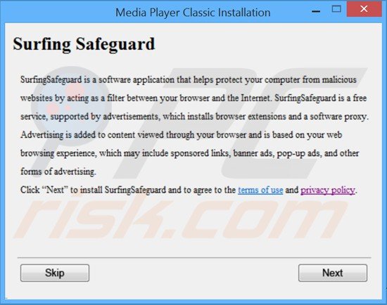 Installer subdolo utilizzato nella distribuzione di Surfing Safeguard (mostrato come 'SurfingSafeguard'):