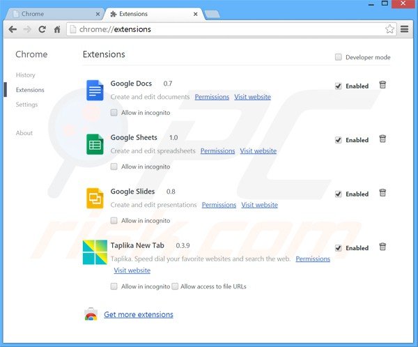 Rimuovere Taplika.com dalle estensioni di Google Chrome