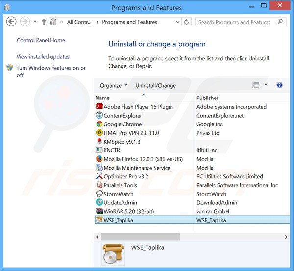 Rimuovere WSE_Taplika attraverso il pannello di controllo.