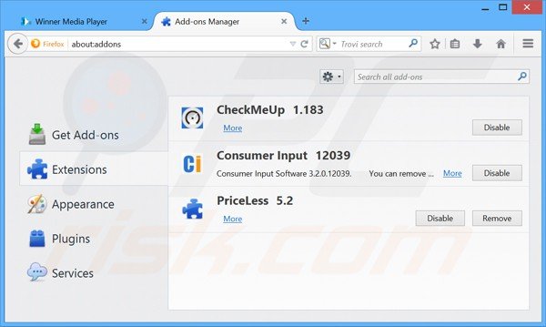 Rimuovere Winner Media Player adware da Mozilla Firefox step 2