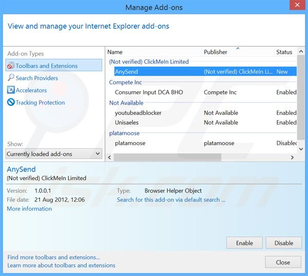 Rimuovere AnySend adware da Internet Explorer step 2