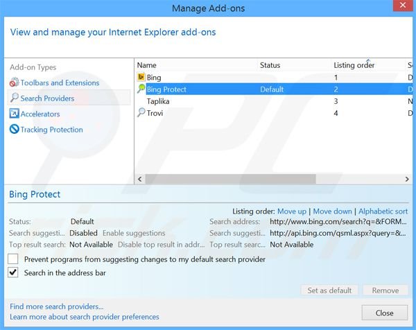 Rimozione di BingProtect dal motore di ricerca predefinito di Internet Explorer