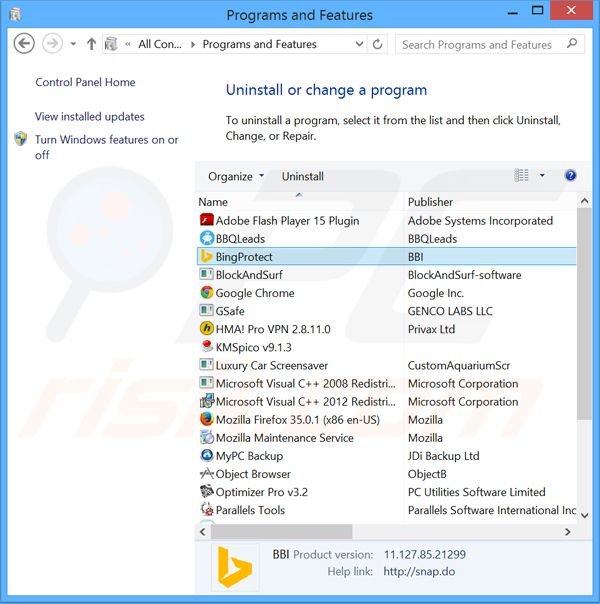 Rimuovere BingProtect attraverso il pannello di controllo.
