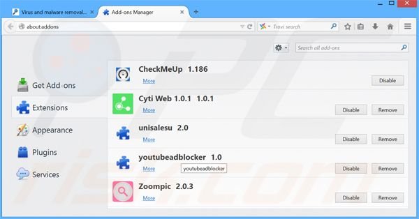 Rimuovere Browser Extension adware da Mozilla Firefox step 2