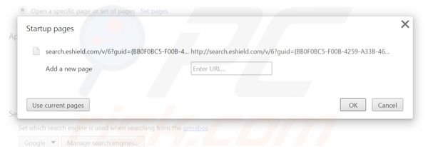 Rimuovere search.eshield.com dalla Google Chrome homepage