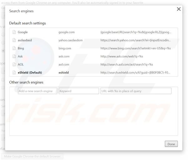 Rimozione di search.eshield.com dal motore di ricerca di Google Chrome 