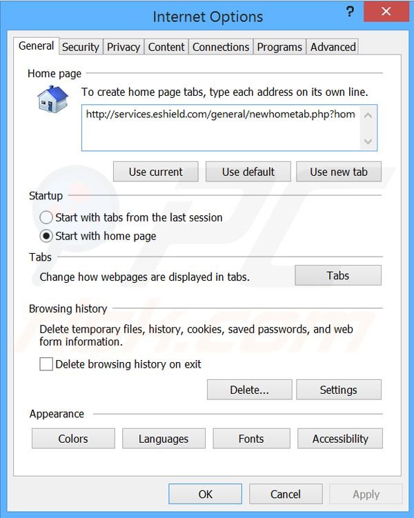 Rimuovere search.eshield.com dalla Internet Explorer homepage