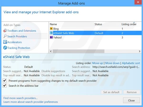 Removing search.eshield.com from Internet Explorer default search engine
