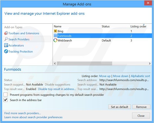 Rimuovere searchfunmoods.com dal motore di ricerca di Internet Explorer 