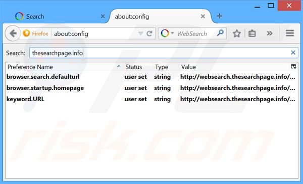 Rimuovere websearch.thesearchpage.info dal motore di ricerca di Mozilla Firefox 