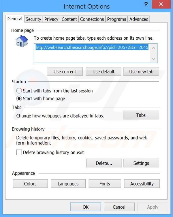 Rimuovere websearch.thesearchpage.info dalla Internet Explorer homepage