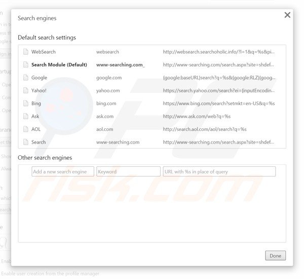 Rimuovere www-searching.com dal motore di ricerca predefinito di Google Chrome 