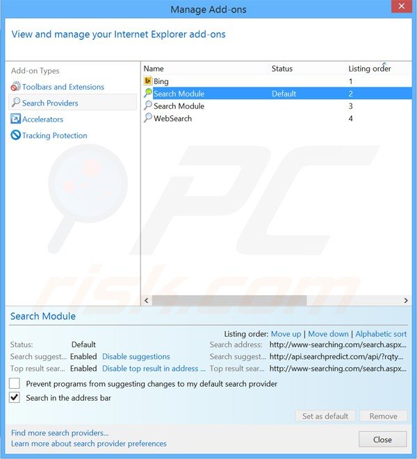 Rimozione di www-searching.com dal motore di ricerca predefinito di  Internet Explorer