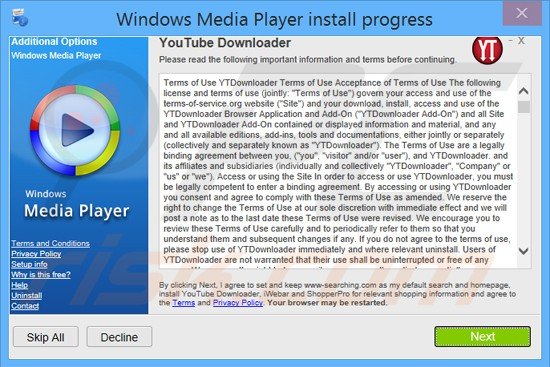 Installer subdolo utilizzato nella distribuzione di www-searching.com (presentato come YTDownloader)