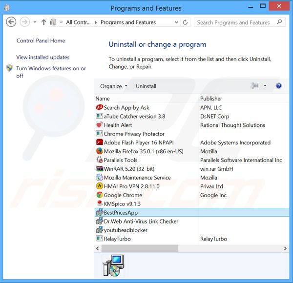Rimuovere BestPricesApp attraverso il pannello di controllo.