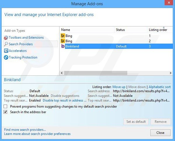 Rimozione binkiland.com dal motore di ricerca predefinito di Internet Explorer
