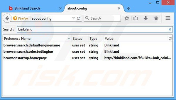 Rimozione binkiland.com dal motore di ricerca predefinito di Mozilla Firefox 