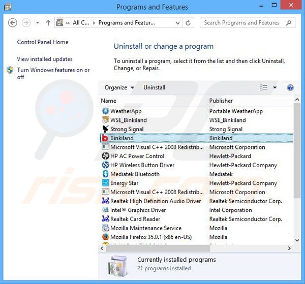 Rimuovere WSE_Binkiland e Binkiland attraverso il pannello di controllo