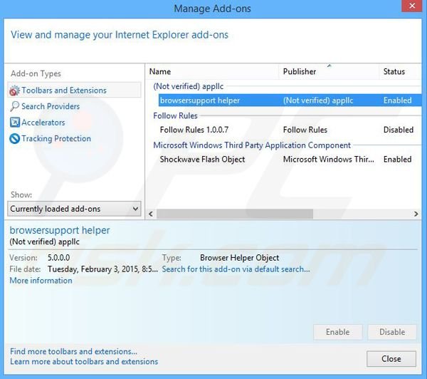 Rimozione di BrowserSupport da Internet Explorer step 2