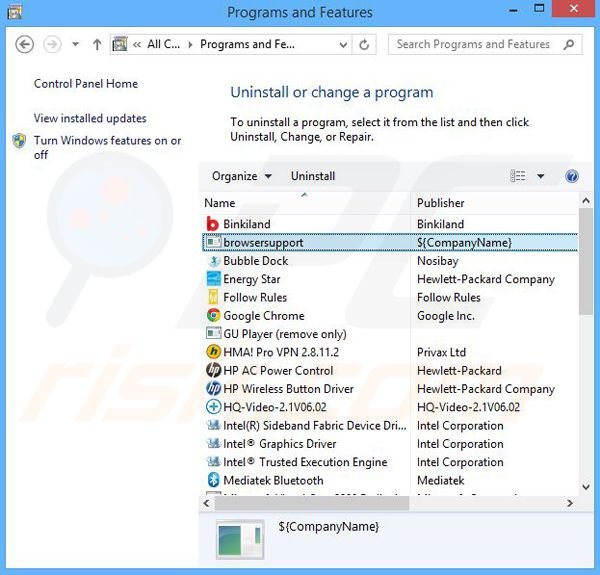 Rimozione di BrowserSupport attraverso il pannello di controllo.