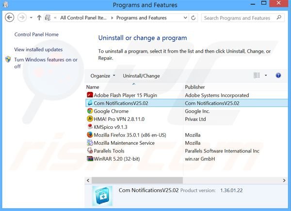 Disinstallare Com Notification attraverso il pannello di controllo.