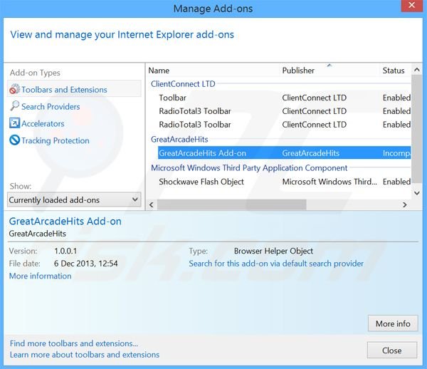Rimuovere GreatArcadeHits da Internet Explorer step 2