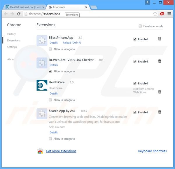 Rimuovere Healthcare Gov Tool adware da Google Chrome step 2