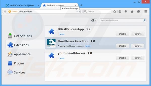 Rimuovere Healthcare Gov Tool adware da Mozilla Firefox step 2