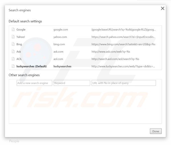 Rimuovere luckysearches.com dal motore di ricerca di Google Chorme