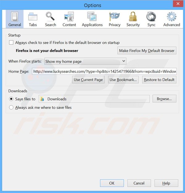 Rimuovere luckysearches.com dalla Mozilla Firefox homepage