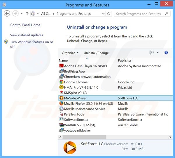 Disinstallare MixVideoPlayer attraverso il pannello di controllo.